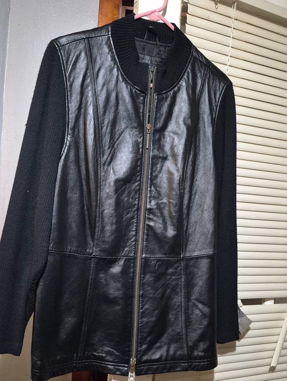 Women's Black Leather Bomber Jacket with Knit Sleeves